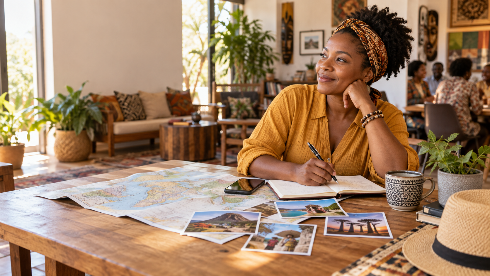 A traveler preparing a journey with a map, notes, and destination photographs